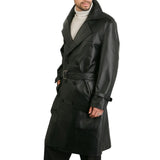 Men's Belted Double Breasted Black Leather Trench Coat