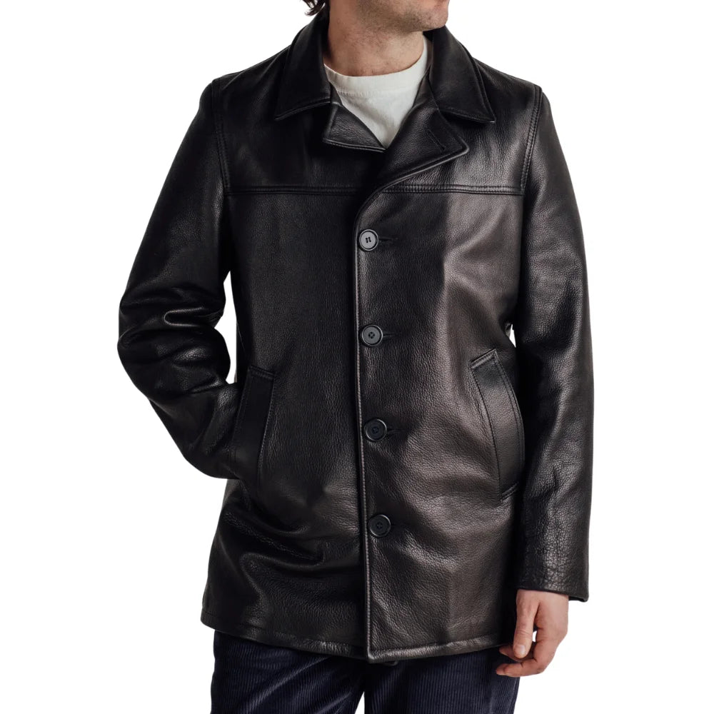 Men's Black Pebbled Cowhide Leather Car Coat