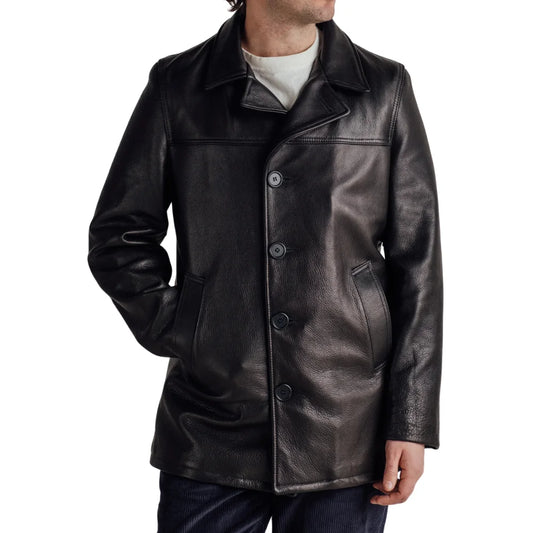 Men's Black Pebbled Cowhide Leather Car Coat