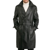 Men's Belted Double Breasted Black Leather Trench Coat
