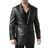 Men's Two Button Notch Lapel Real Black Leather Blazer Jacket