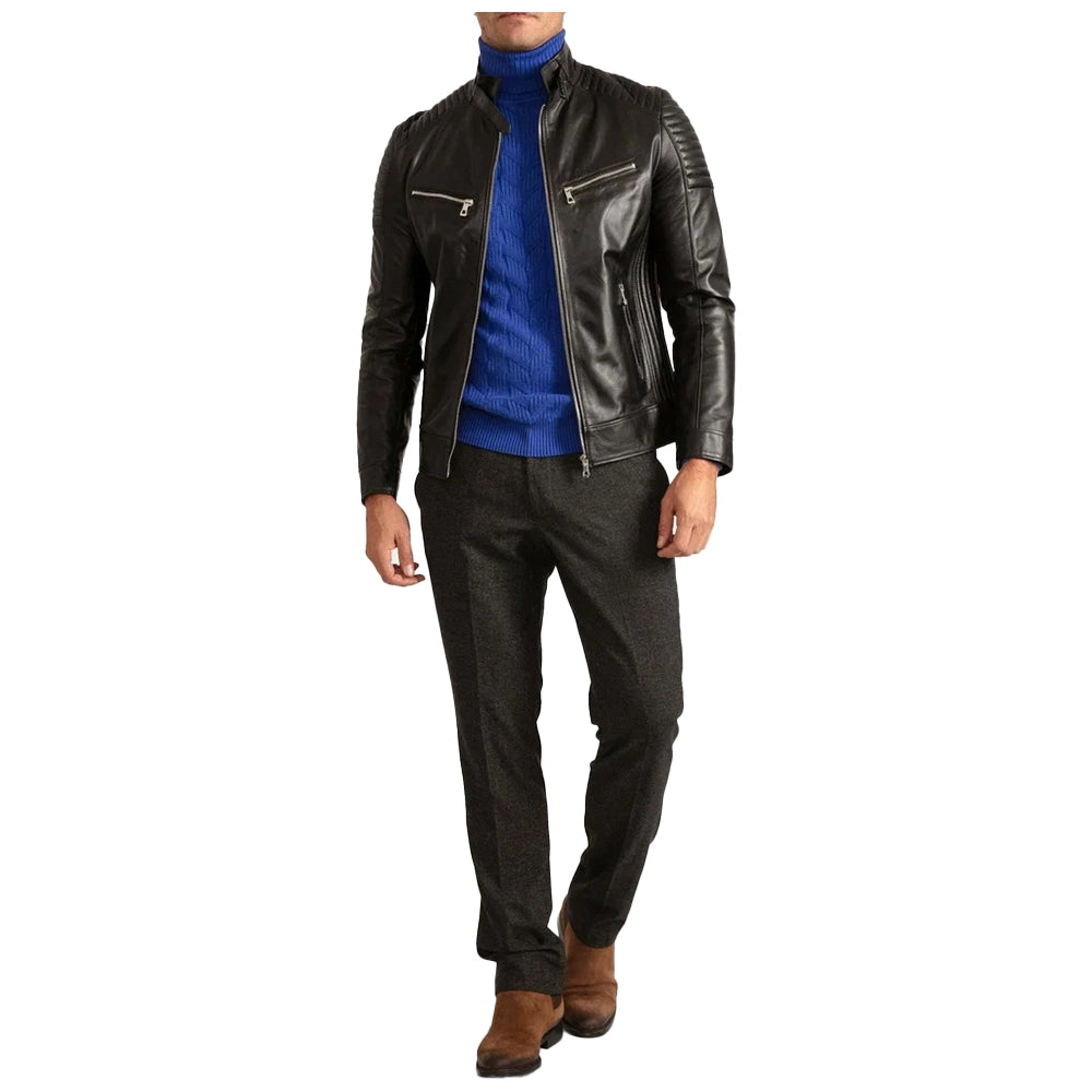 Mens Signature Black Leather Cafe Racer Motorcycle Jacket