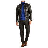 Mens Signature Black Leather Cafe Racer Motorcycle Jacket