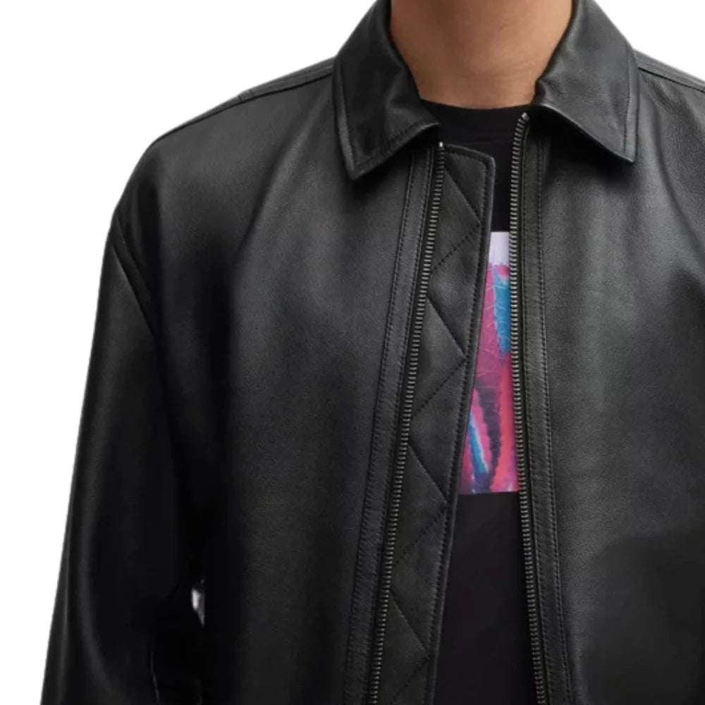 Men's Lamsbkin Black Relaxed Fit Black Bomber Jacket