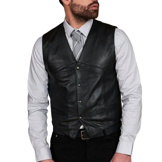 Men’s black leather V-neck waistcoat front view