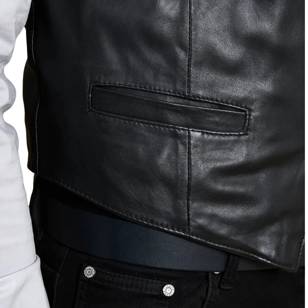 Men’s black leather waistcoat worn over a dress shir