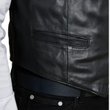Men’s black leather waistcoat worn over a dress shir