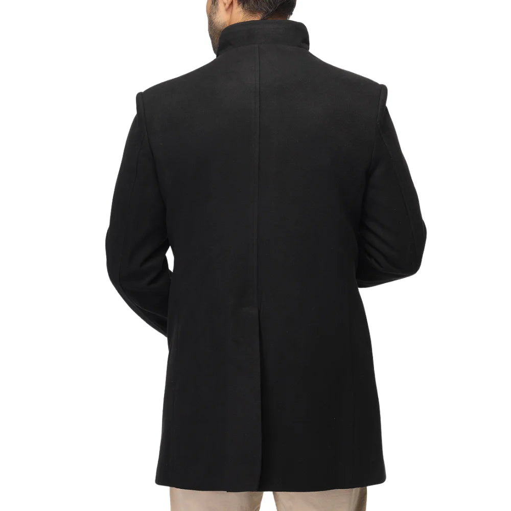 Men’s Black Stand Collar Wool Blend Winter Coat