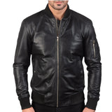Rib-knit collar on men’s black MA-1 bomber jacket