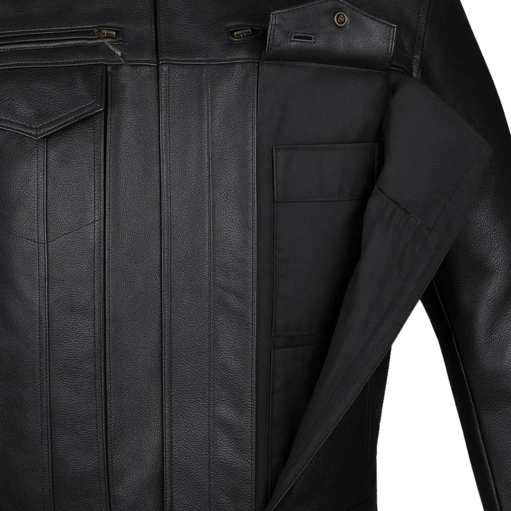 Men's Buffalo Leather Black Motorcycle Jacket with Removable CE Armor - Trendy Jacket