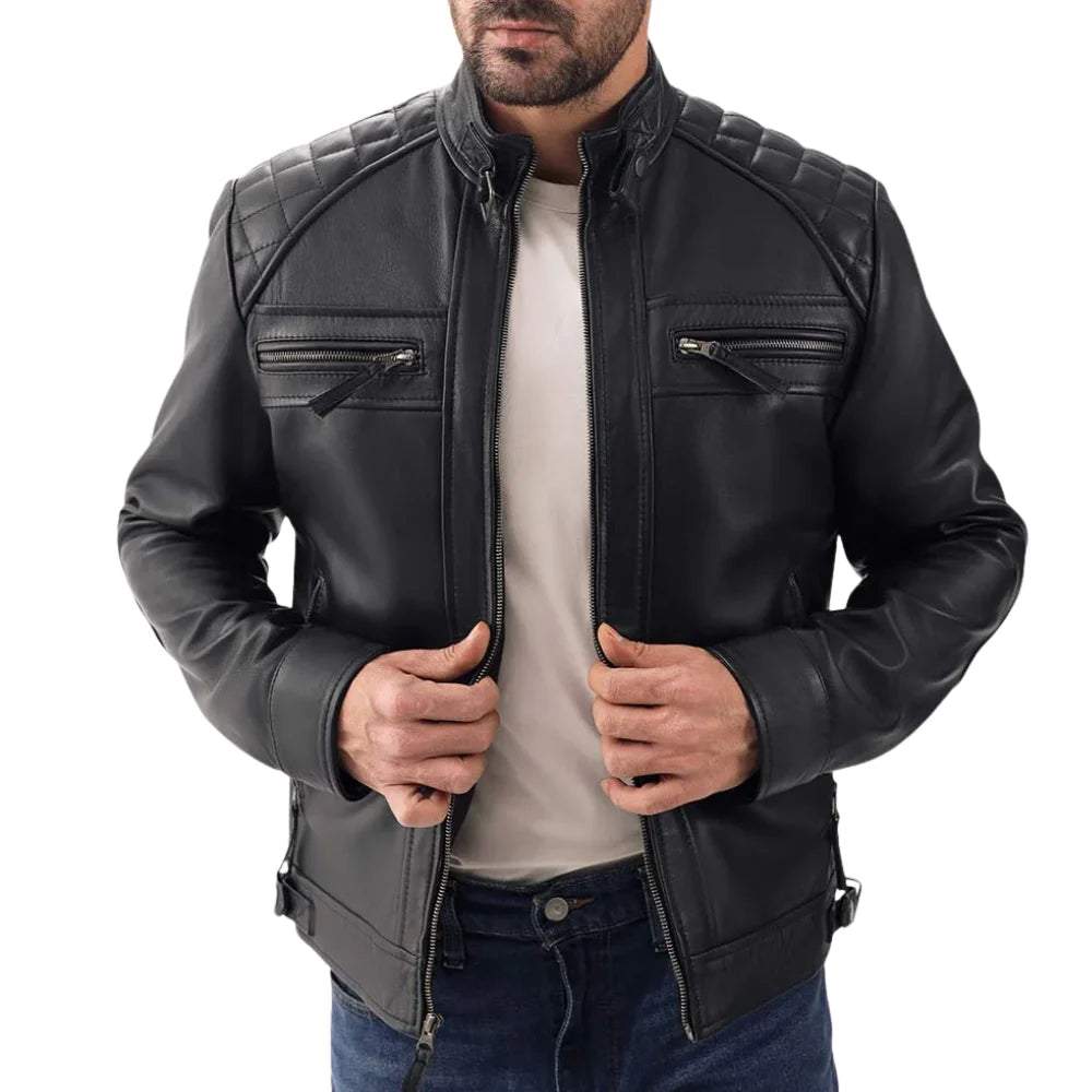 Men's Black Real Lambskin Leather Cafe Racer Jacket — Diamond Pattern Shoulders