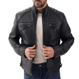 Men's Black Real Lambskin Leather Cafe Racer Jacket — Diamond Pattern Shoulders