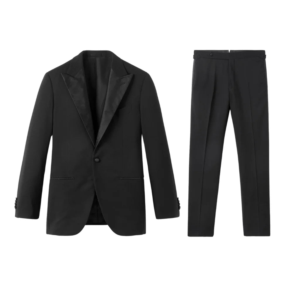 Men’s black satin peak lapel tuxedo suit