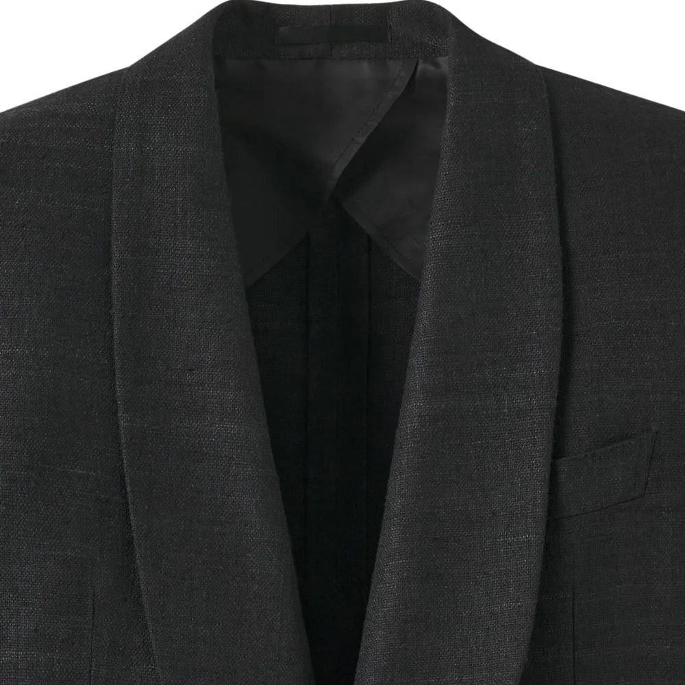 Black textured wedding tuxedo jacket for men, angled view