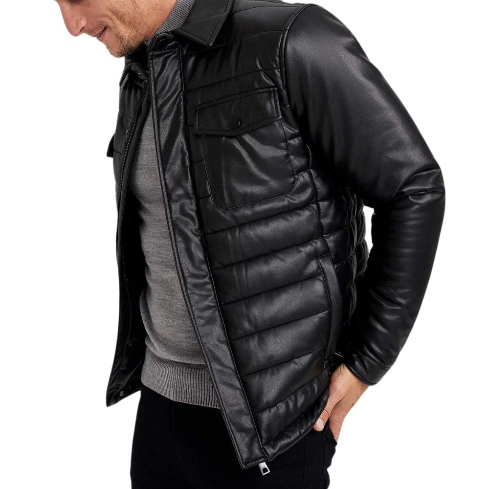 Men's Trucker Quilted Black Vegan Leather Jacket