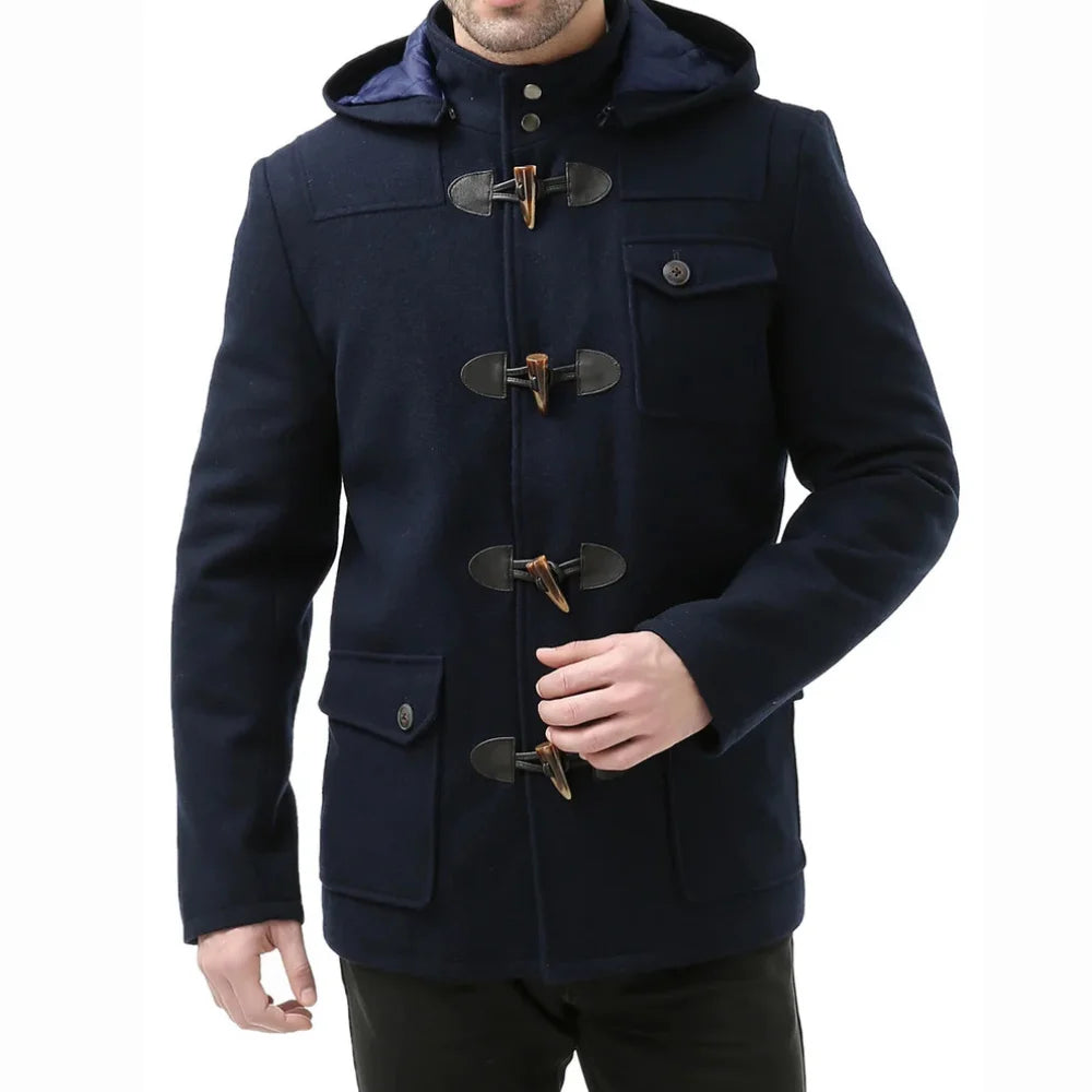 Men’s Navy Blue Wool Blue Hooded Duffle Coat