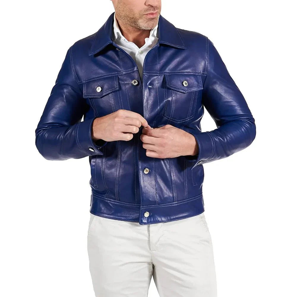 Men’s blue leather shirt jacket with button front