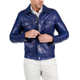 Men’s blue leather shirt jacket with button front