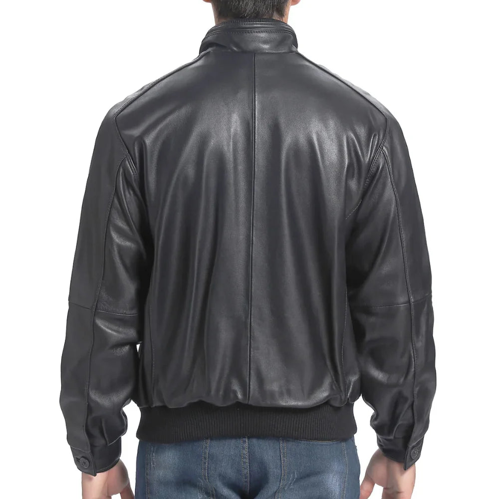 Men's Real Lambskin Black Leather Bomber Jacket