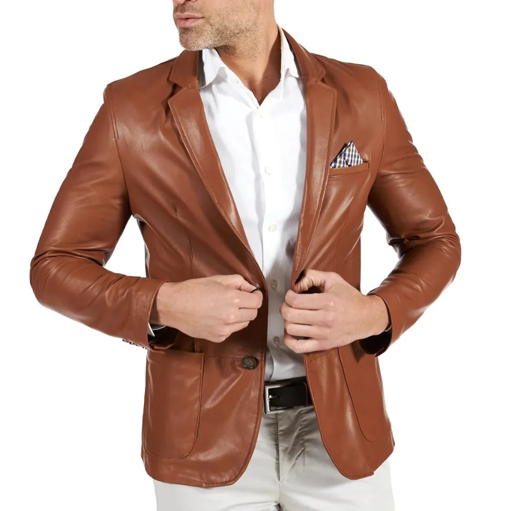 Mens Brown Two Button Tan Natural Leather Blazer Jacket