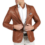 Mens Brown Two Button Tan Natural Leather Blazer Jacket