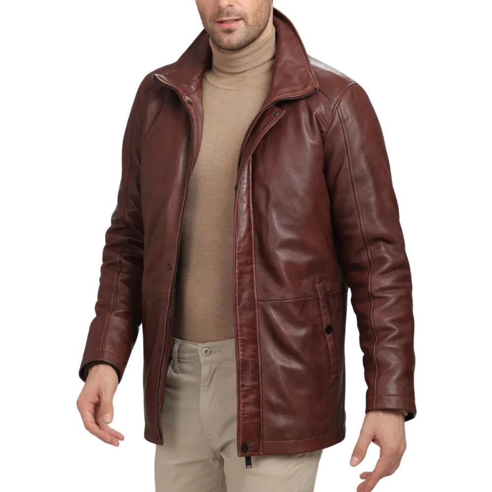 舐達麻　FAUX LEATHER CAR COAT Men's Real Lambskin Leather Brown Car Coat – Trendy Jacket