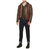 Men's Mocca Brown Leather Bomber Jacket with Removable Hood