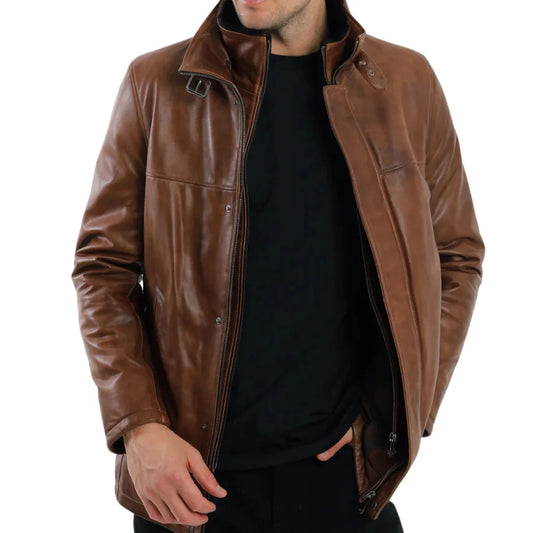 Men’s Cognac Brown Leather Jacket with Stand Collar