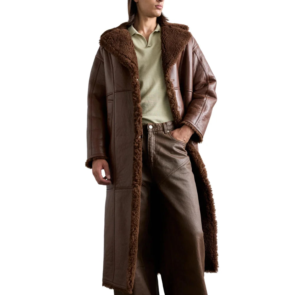 Men's Single Breasted Brown Shearling Long Coat
