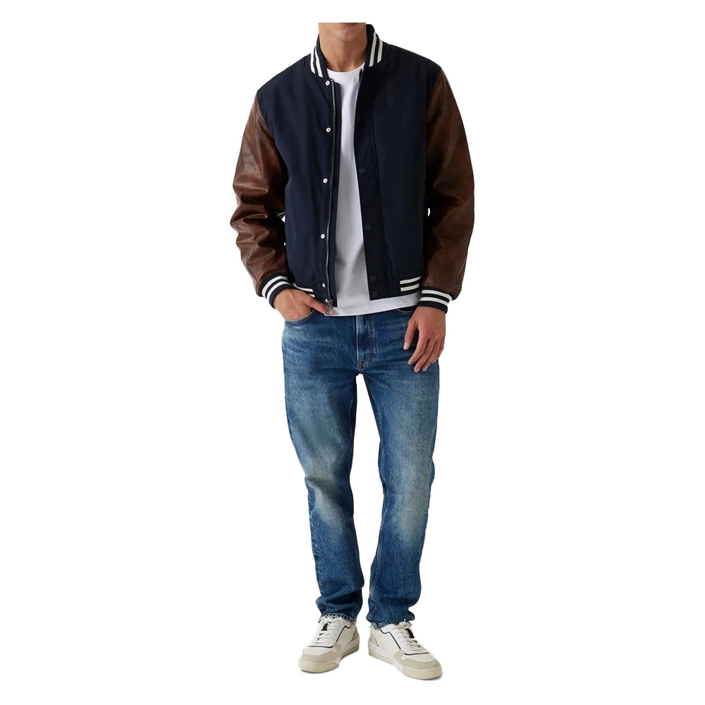Mens Wool Navy Blue Varsity Jacket with Leather Sleeves