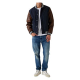 Mens Wool Navy Blue Varsity Jacket with Leather Sleeves