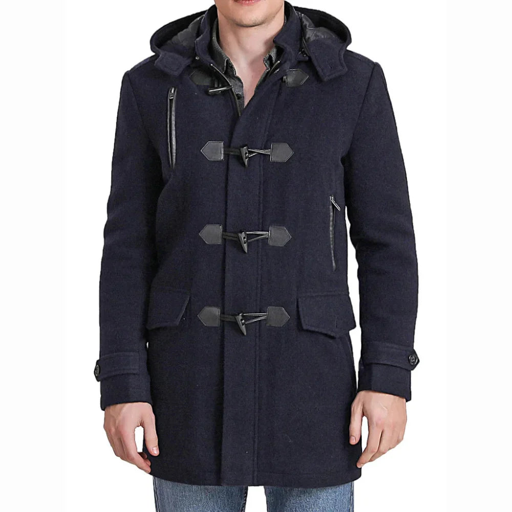 Men’s Dark Blue Wool Blend Hooded Duffle Coat