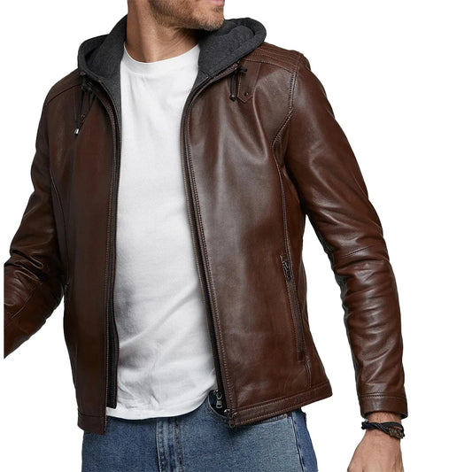 Men's Real Dark Brown Leather Jacket with Hood