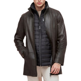 Men’s Dark Brown Lamb Leather Car Coat with Detachable Quilted Vest