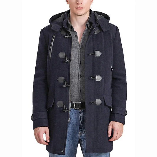 Men’s Dark Blue Wool Blend Hooded Duffle Coat