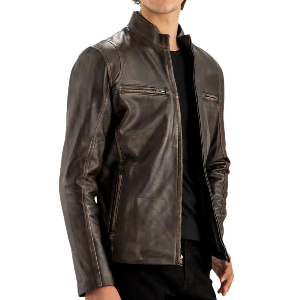 Men’s Distressed Brown Leather Café Racer Jacket