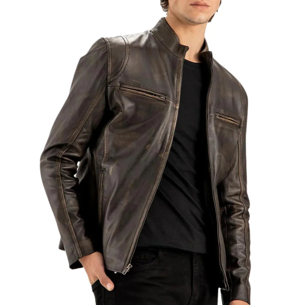 Men’s Distressed Brown Leather Café Racer Jacket