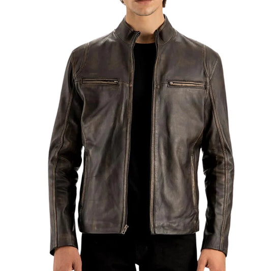 Men’s Distressed Brown Leather Café Racer Jacket