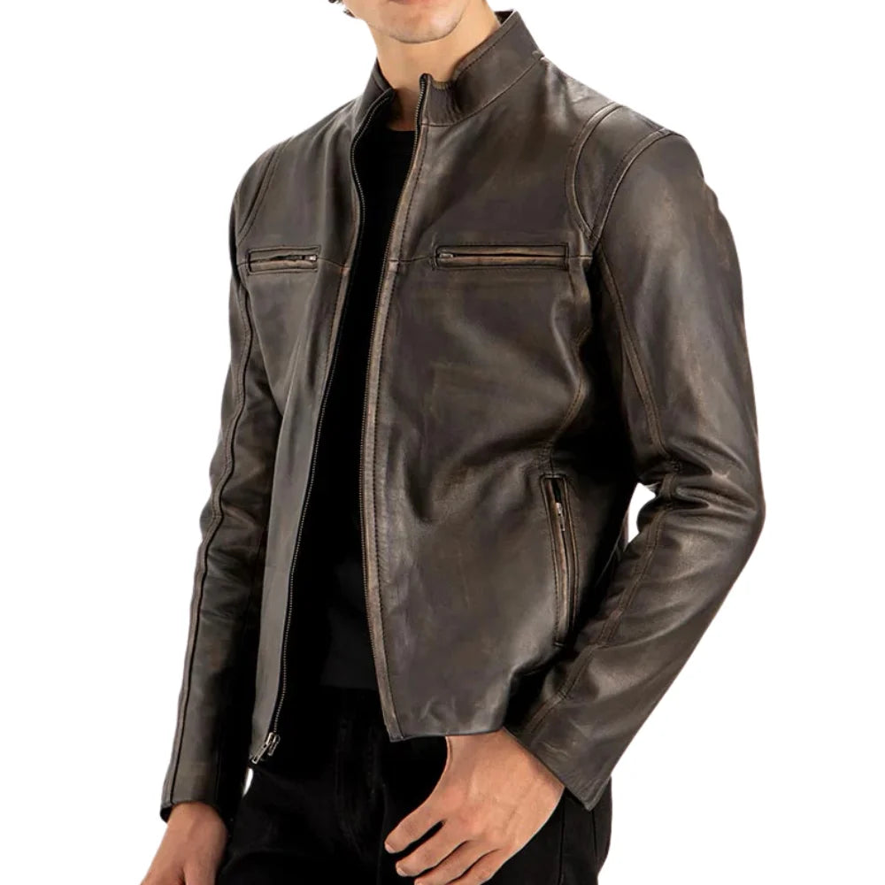 Men’s Distressed Brown Leather Café Racer Jacket
