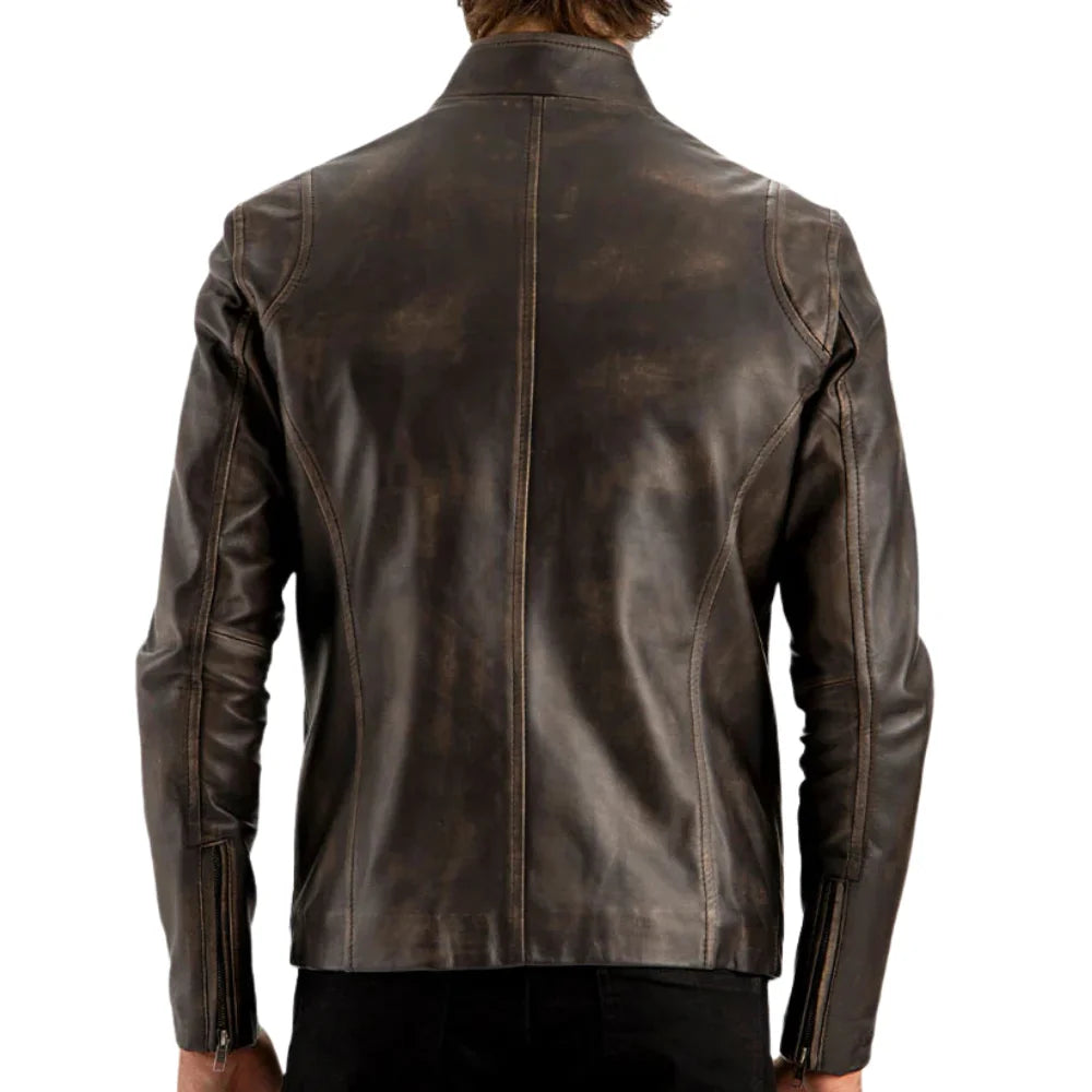 Men’s Distressed Brown Leather Café Racer Jacket