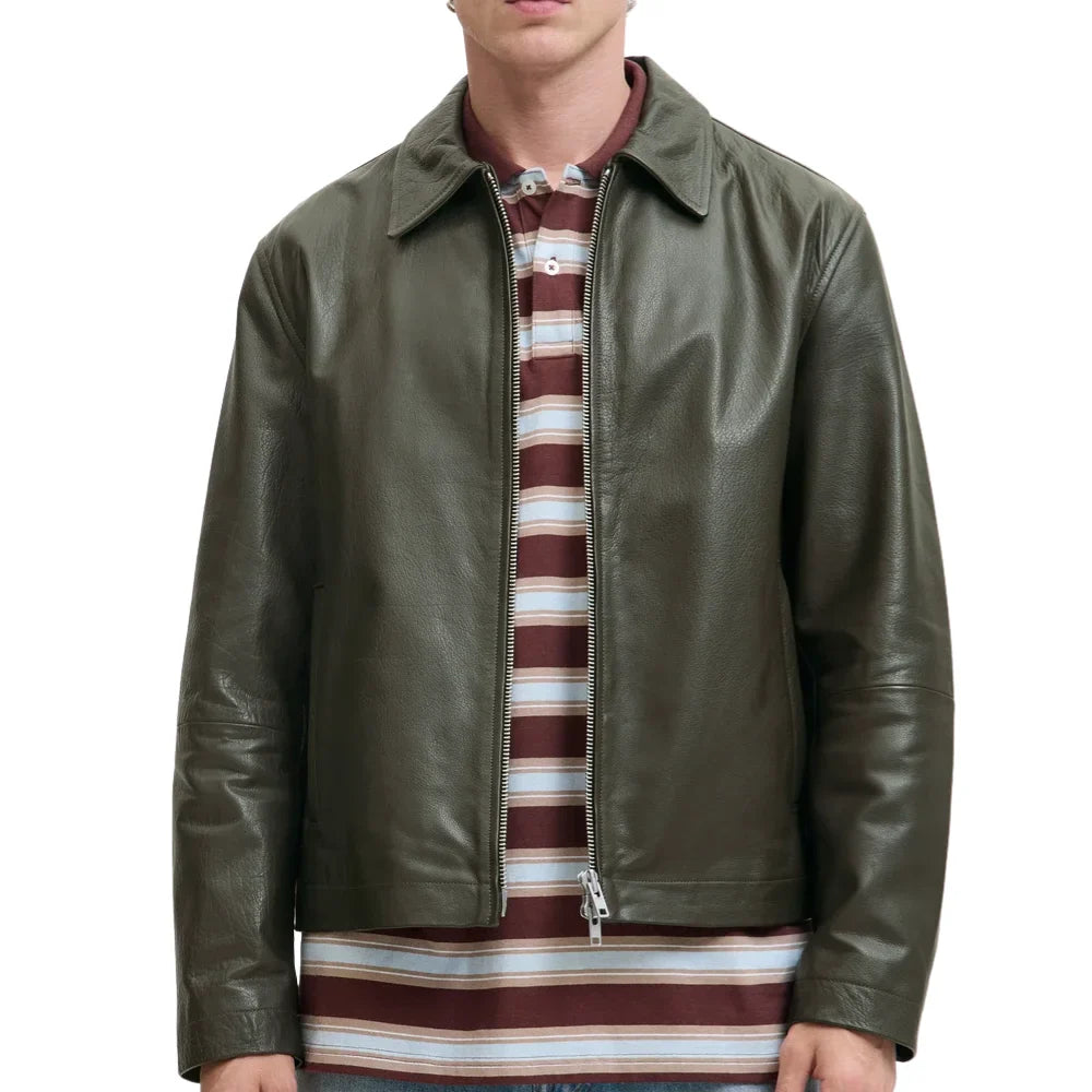Men's Shirt Collar Olive Green Leather Jacket