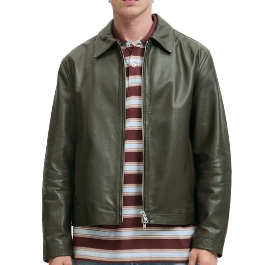 Men's Shirt Collar Olive Green Leather Jacket