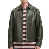 Men's Shirt Collar Olive Green Leather Jacket