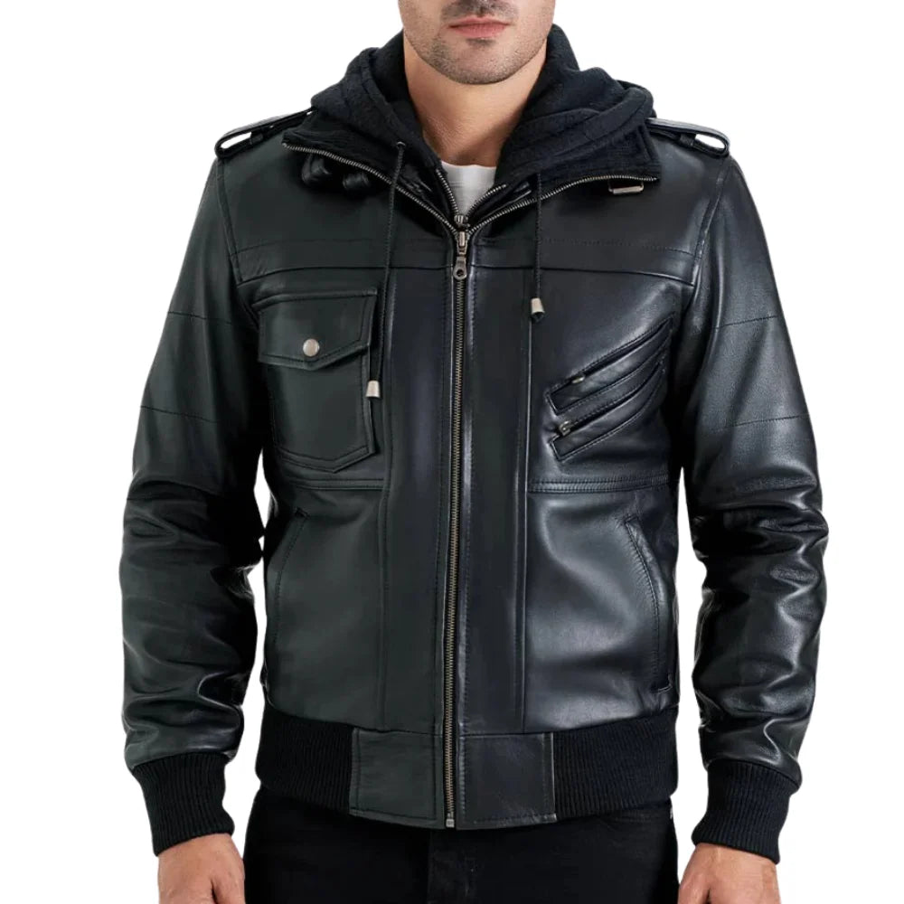 Men's Black Leather Bomber Jacket with Removable Hood