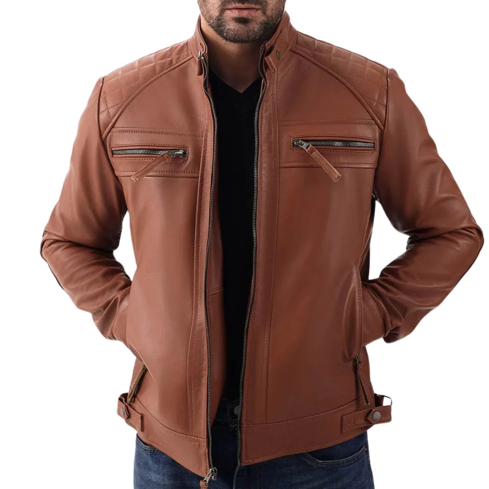 Men's Cognac Brown Real Lambskin Biker Leather Jacket with Quilted Shoulders