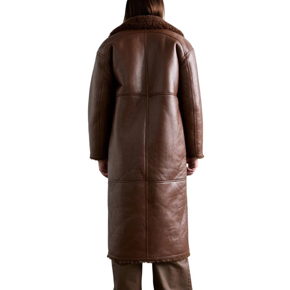 Men's Single Breasted Brown Shearling Long Coat