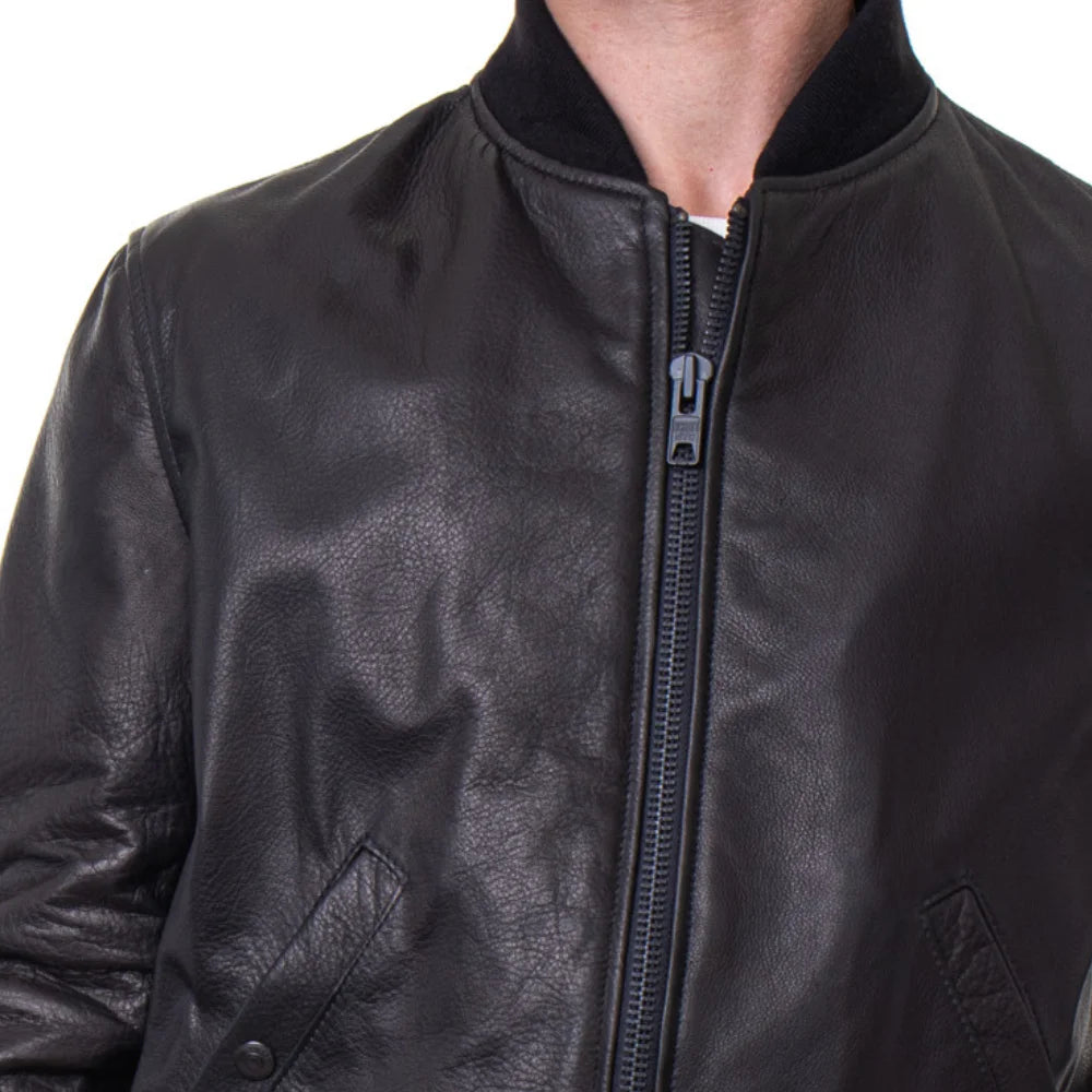 Men's Lightweight Black Cowhide Leather Bomber Jacket