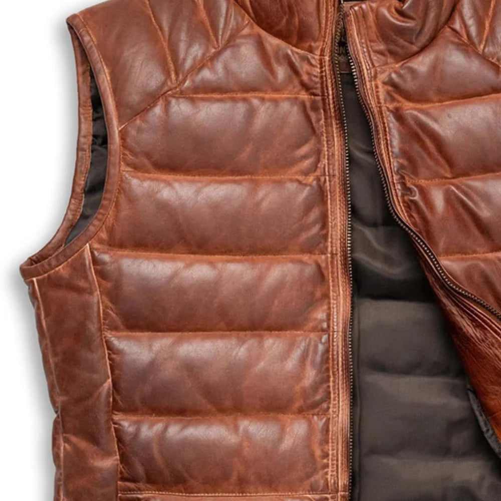 Mens Real Quilted Brown Leather Biker Vest