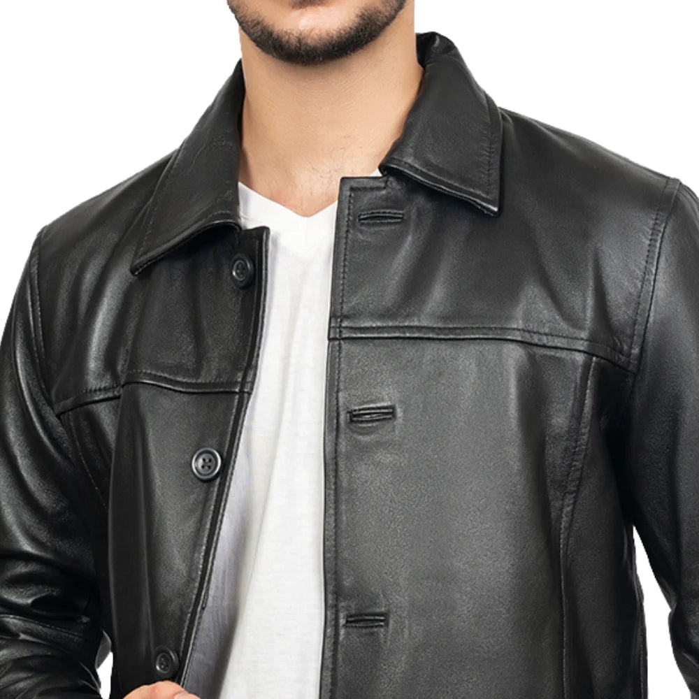 Victor Black Mens 3/4 Length Lambskin Leather Car Coat