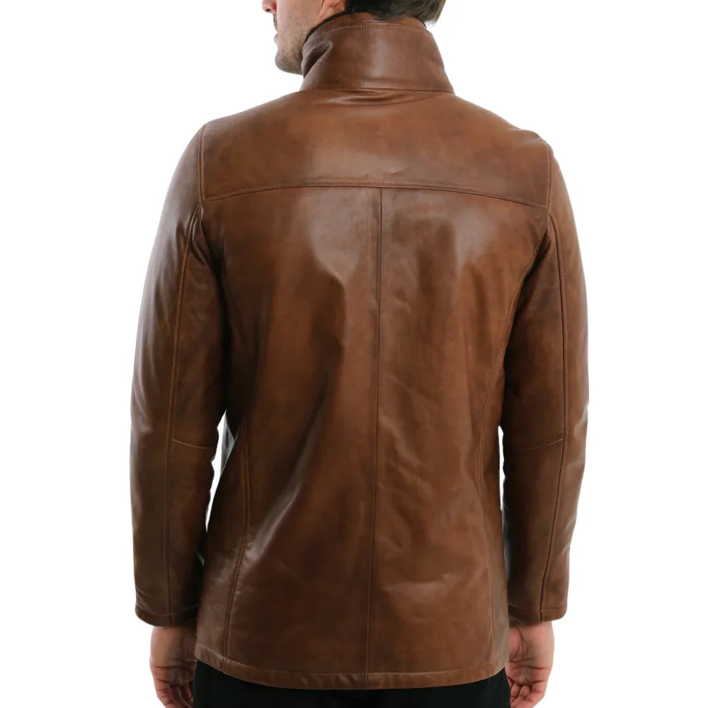 Men’s Cognac Brown Leather Jacket with Stand Collar